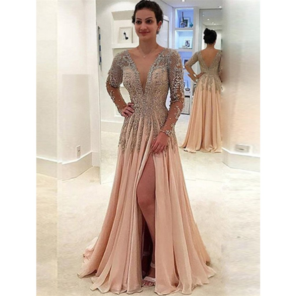 A-Line Deep V-Neck Long Sleeves Backless Chiffon Beading Long Prom Dre MarryLover A-Line Deep V-Neck Long Sleeves Backless Chiffon Beading Long Prom Dre MarryLover