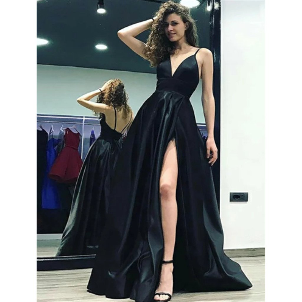 A-Line Spaghetti Straps Deep V-neck Backless High Slit Simple Long Pro MarryLover A-Line Spaghetti Straps Deep V-neck Backless High Slit Simple Long Pro MarryLover