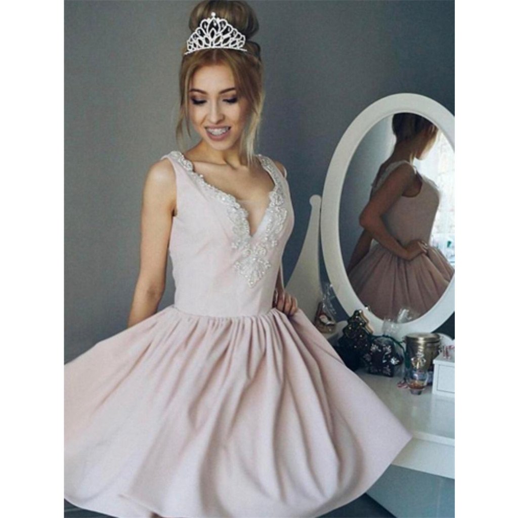 A-line V-neck Beading Pink Short Princess Homecoming Dresses With Plea MarryLover A-line V-neck Beading Pink Short Princess Homecoming Dresses With Plea MarryLover