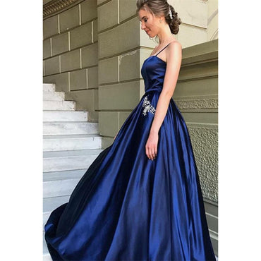 A-Line Spaghetti Straps Navy Blue Long Prom Dresses With Beading Pockets, PD0127
