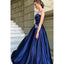 A-Line Spaghetti Straps Navy Blue Long Prom Dresses With Beading Pockets, PD0127