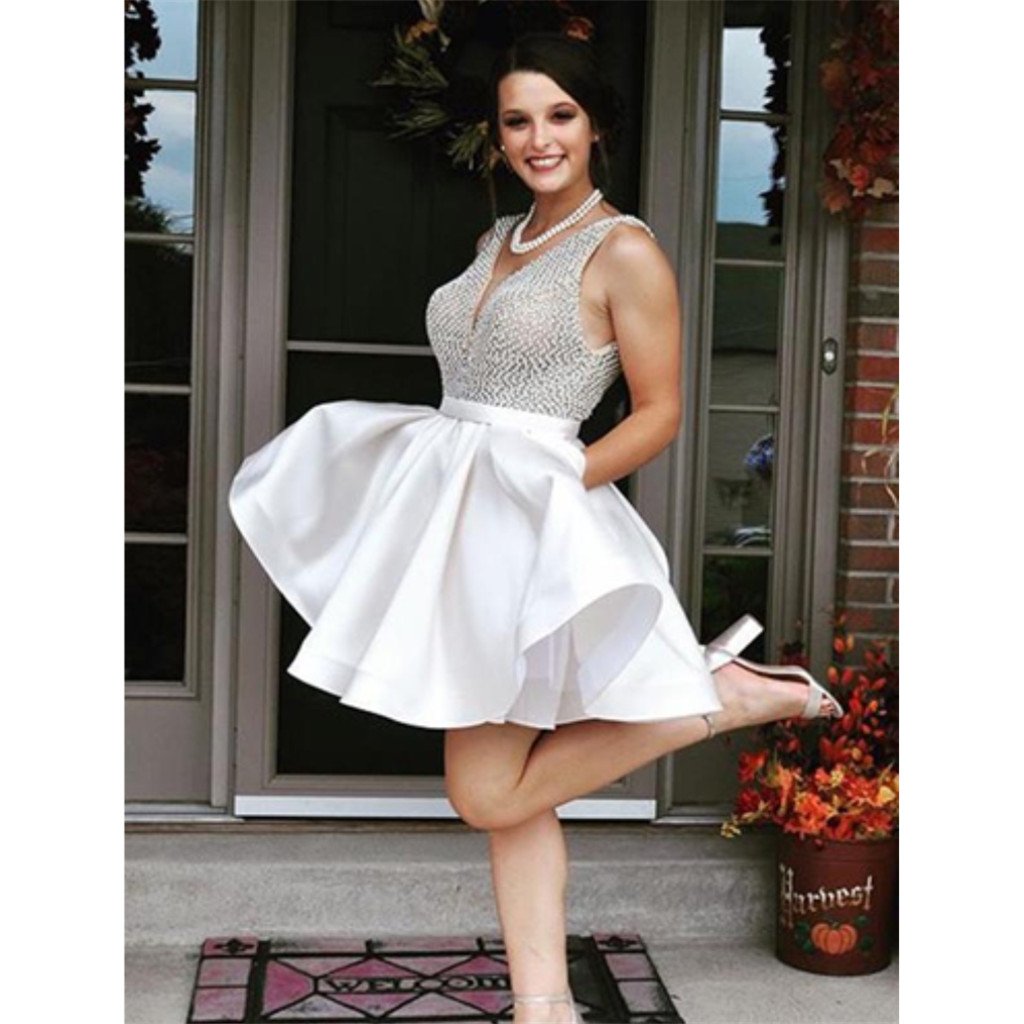 Sexy Backless Beaded V Neck Short Homecoming Dresses Online, CM677 – MarryLover