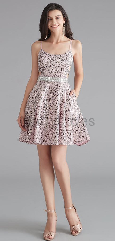 freshman homecoming dresses Cheap Modest Spaghetti Straps High-Low Blush Lace Prom Homeco SposaBridal Unique Spaghetti Straps Crisscross Back
