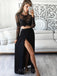 2 Pieces Black Lace Long Sleeves Sexy Slit Cheap Long Prom Dresses, BG51021