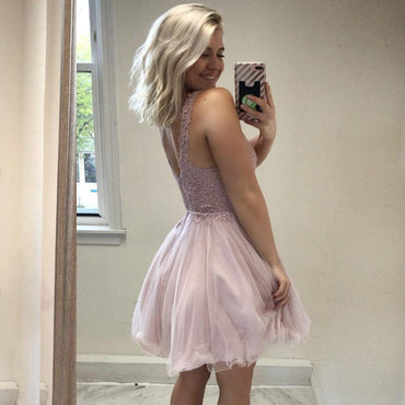 A-Line V-neck Appliques Top Short Tulle Homecoming Dresses, HD0520