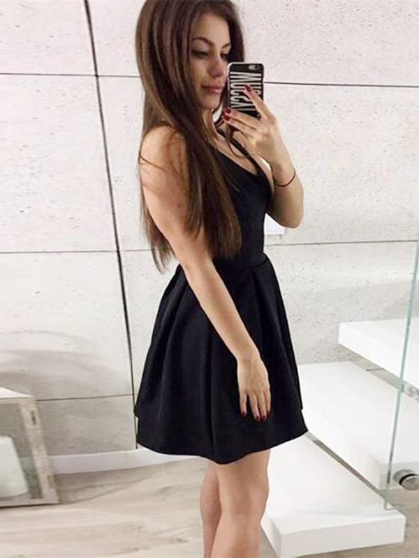 A-Line V-neck Black Satin Backless Short Homecoming Dresses, HD0501 MarryLover A-Line V-neck Black Satin Backless Short Homecoming Dresses, HD0501 MarryLover