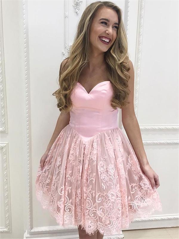 Newest Sweetheart Strapless Lace Short Pink Homecoming Dresses, HD0529 MarryLover Newest Sweetheart Strapless Lace Short Pink Homecoming Dresses, HD0529 MarryLover