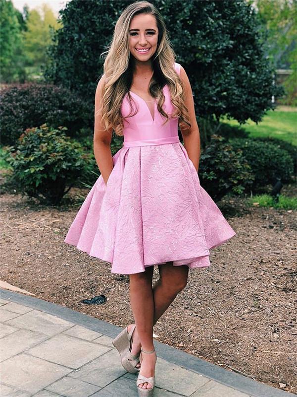 A-line V-neck Short Pleats Pink Homecoming Dresses With Pocket, HD0531 A-line V-neck Short Pleats Pink Homecoming Dresses With Pocket, HD0531