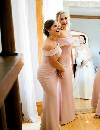 Mermaid Off-shoulder Floor-length Long Satin Bridesmaid Dresses, BD0594