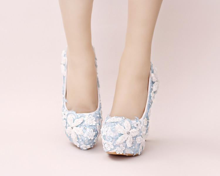Handmade High Heels Round Toe Blue Lace Crystal Wedding Shoes, S0040
