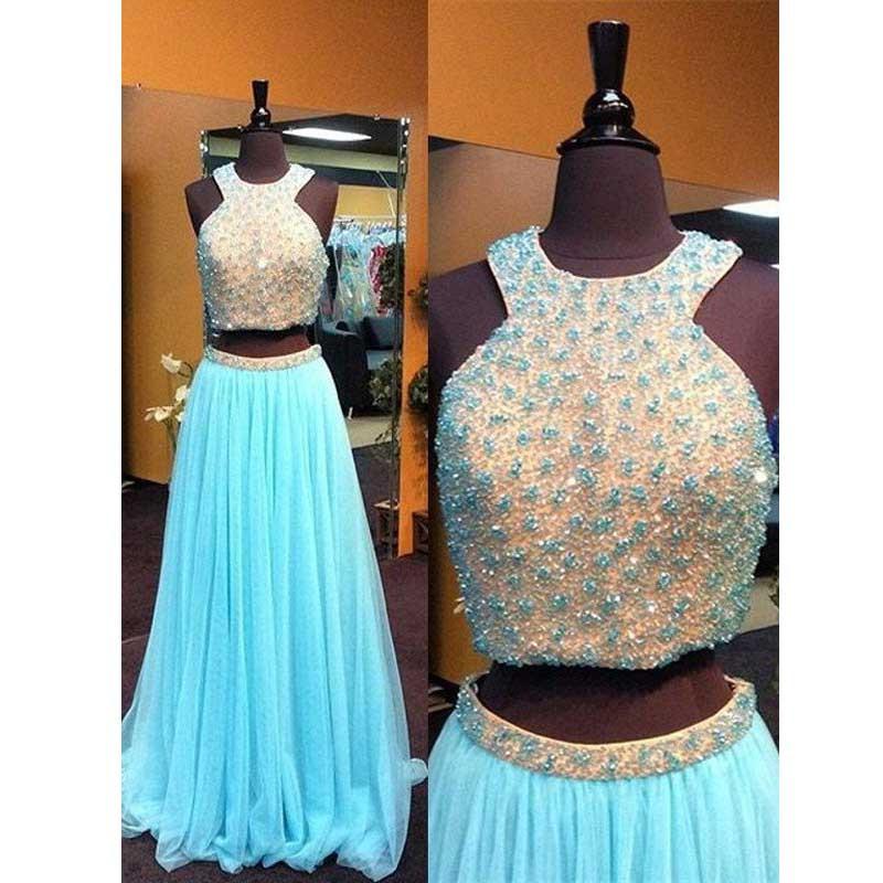 Blue 2 Pieces Beaded Top Tulle Charming Long Prom Dresses, BG51482 - Bubble Gown
