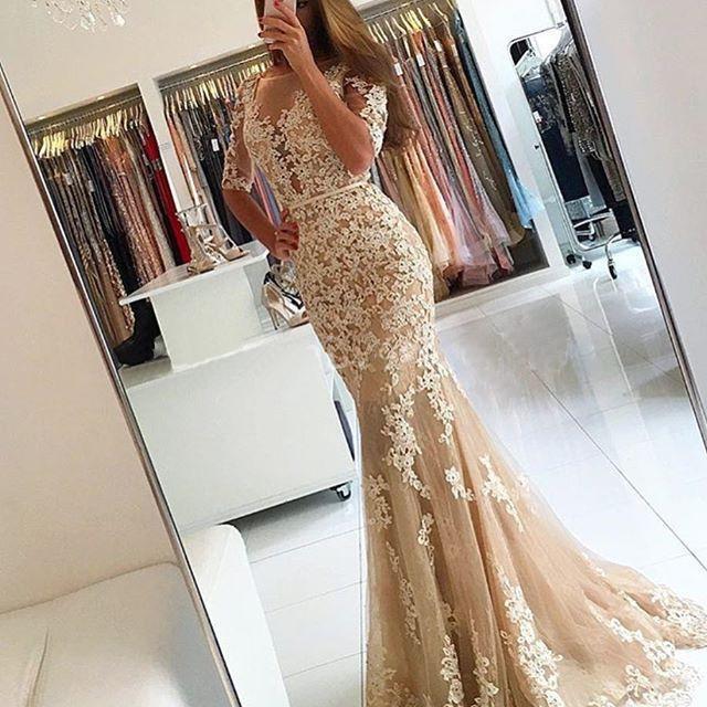 Champagne Mermaid Half Sleeves Applique Sexy Long Prom Dresses, BG5154 MarryLover Champagne Mermaid Half Sleeves Applique Sexy Long Prom Dresses, BG5154 MarryLover