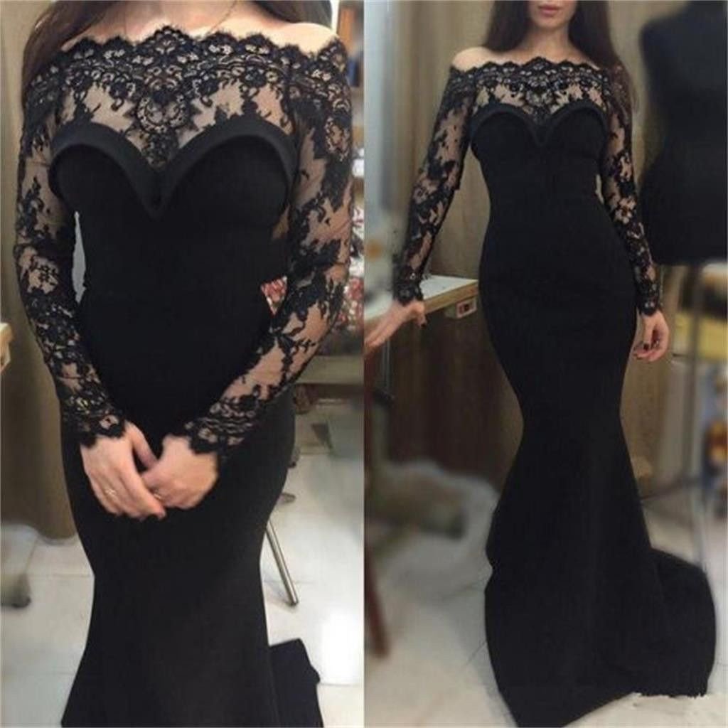 Black Long Sleeves Applique Lace Off the Shoulder Mermaid Long Prom Dresses, BG51546 - Bubble Gown