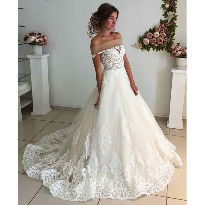 Affordable Lace Unique Off the Shoulder Online Charming Long Wedding Dresses, BG51585 - Bubble Gown