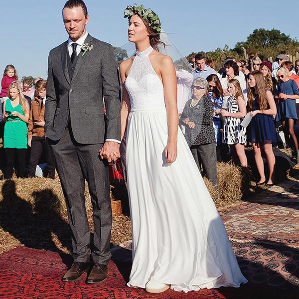 Cheap Open Back Halter Chiffon Lace Beach Simple Long Wedding Dresses, MarryLover Cheap Open Back Halter Chiffon Lace Beach Simple Long Wedding Dresses, MarryLover