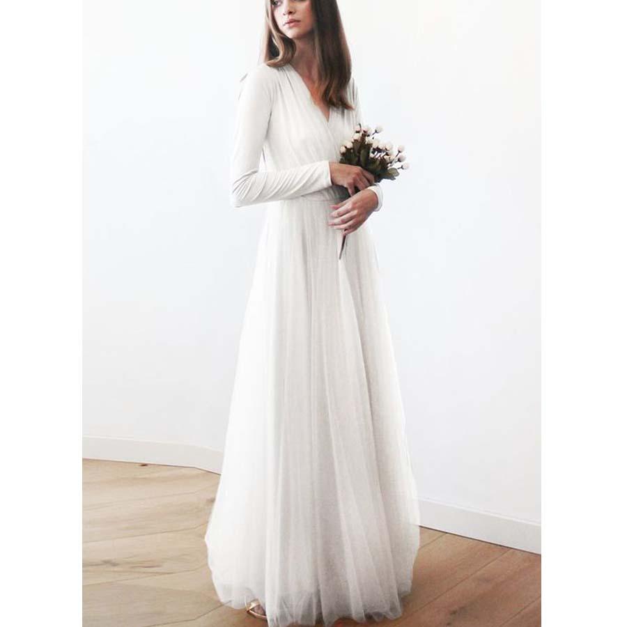Long Sleeves V Neck Simple Cheap Beach Long Wedding Dresses, BG51635