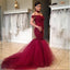 Burgundy Off Shoulder Lace Mermaid Gorgeous Long Prom Dress, BG51039