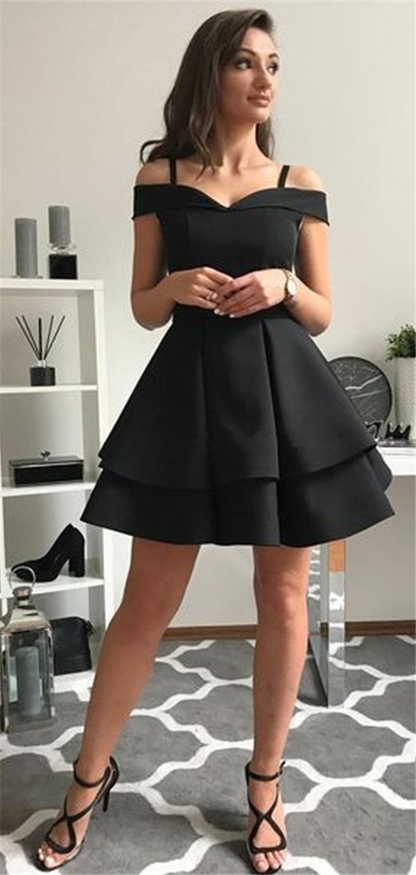 A-line Off-shoulder Straps Black Satin Short Homecoming Dresses, HD0514 A-line Off-shoulder Straps Black Satin Short Homecoming Dresses, HD0514