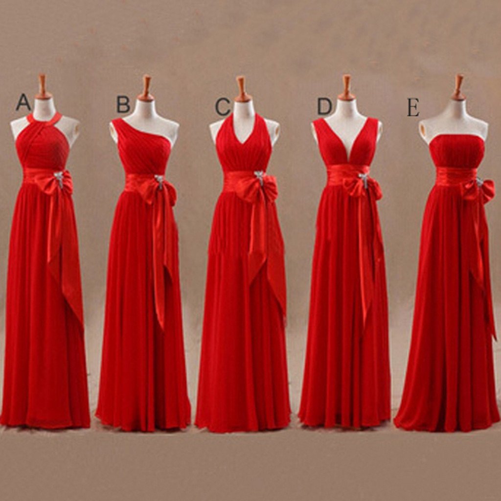 A Line Mismatched Junior Red Long Bridesmaid Dresses with Bow, BG51283 - Bubble Gown