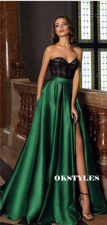 A-line Sweetheart Black Lace Top Long Prom Dresses With Split, PD0585