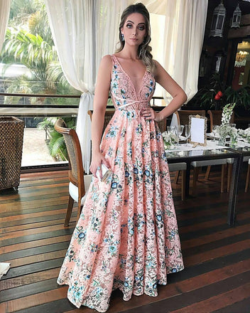 A-line Floor-Length V-neck Long Pink Lace Prom Dresses With Pleats, PD0545