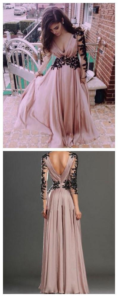 Black Applique Popular Dusty Pink V-neck Long Sleeve Cheap Long Prom Dresses, BG51019 - Bubble Gown