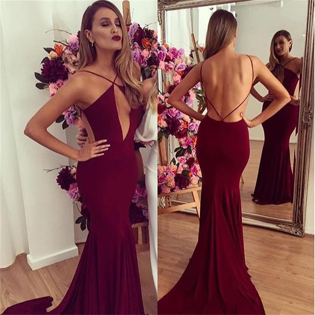 Backless Mermaid Burgundy Evening Sexy Long Prom Dresses, BG51192 - Bubble Gown