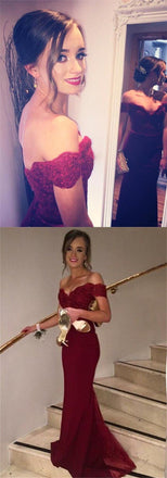 Best Sales Burgundy Off Shoulder Mermaid Lace Long Prom Party Dresses for wedding, BG51040 - Bubble Gown