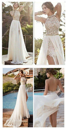 Backless Sexy High Neck Side Slit Ivory Lace Long Prom Dresses, BG51160 - Bubble Gown