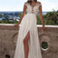 Cap Sleeve White Side Slit Lace Chiffon Long Cheap Prom Dresses, BG51128