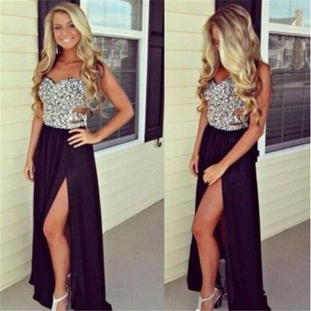 Black Seet Heart Side Slit Formal Party Long Evening Prom Dresses, BG51127 - Bubble Gown