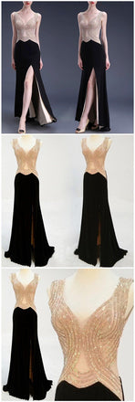 Black Side Slit Beading Sexy Evening Party Long Prom Dresses, BG51196 - Bubble Gown
