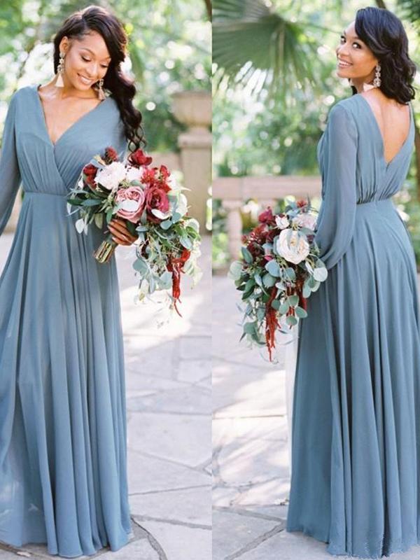 A-line Floor-length V-neck Long Sleeves Chiffon Bridesmaid Dresses, BD MarryLover A-line Floor-length V-neck Long Sleeves Chiffon Bridesmaid Dresses, BD MarryLover