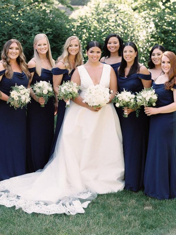 Spaghetti Straps Off-shoulder Navy Blue Chiffon Bridesmaid Dresses, BD MarryLover Spaghetti Straps Off-shoulder Navy Blue Chiffon Bridesmaid Dresses, BD MarryLover