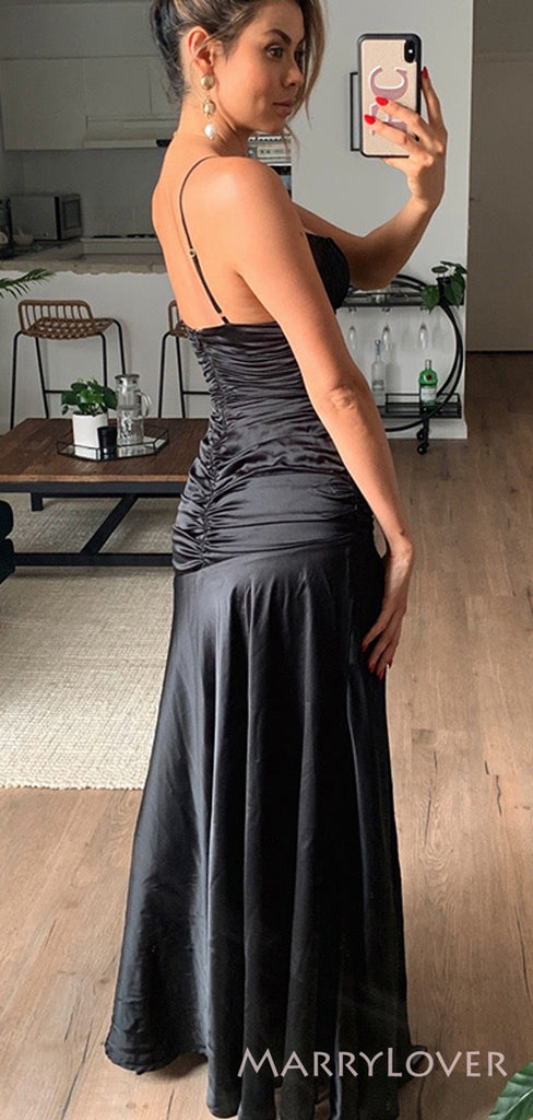 Black Satin Spaghetti Straps Long Evening Prom Dresses, Custom Mermaid Side Slit Prom Dress, BGS0006