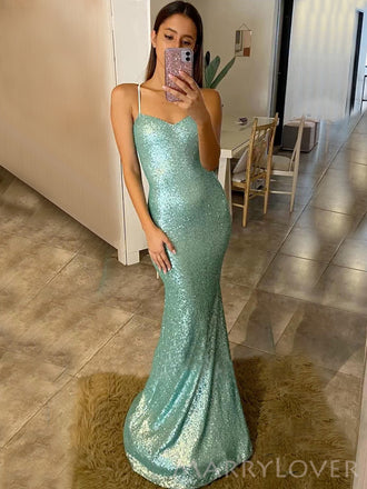 Simple Sequins Spaghetti Straps Long Evening Prom Dresses, Custom Mermaid Prom Dress, BGS0010