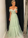Off Shoulder Sage Tulle A-line Long Evening Prom Dresses, Custom Prom Dress, BGS0054