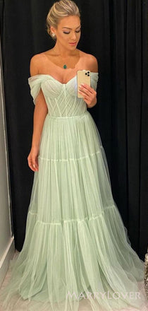 Off Shoulder Sage Tulle A-line Long Evening Prom Dresses, Custom Prom Dress, BGS0054