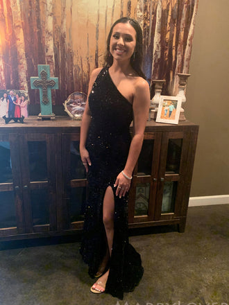 One Shoulder Sequins Side Slit Long Evening Prom Dresses, Custom Mermaid Prom Dress, BGS0056
