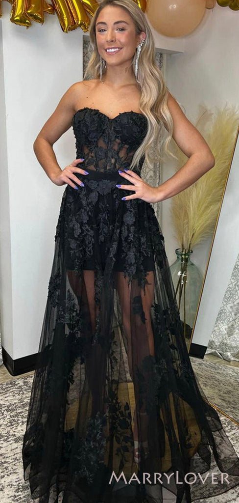 A-line Black Tulle Appliques Strapless Long Evening Prom Dresses, Custom Prom Dress, BGS0087