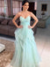 A-line Mint Green Tulle Strapless Long Evening Prom Dresses, Custom Prom Dress, BGS0088