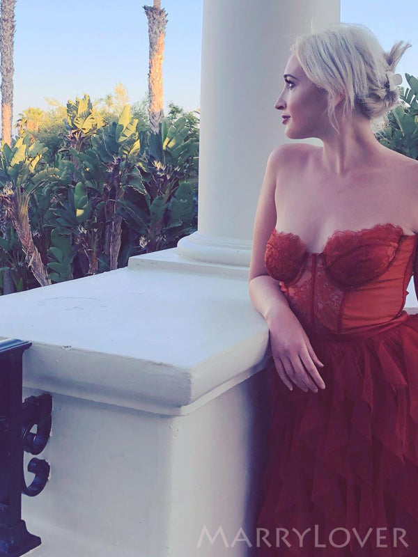 A-line Rust Tulle Strapless Long Evening Prom Dresses, Custom High Sli MarryLover A-line Rust Tulle Strapless Long Evening Prom Dresses, Custom High Sli MarryLover