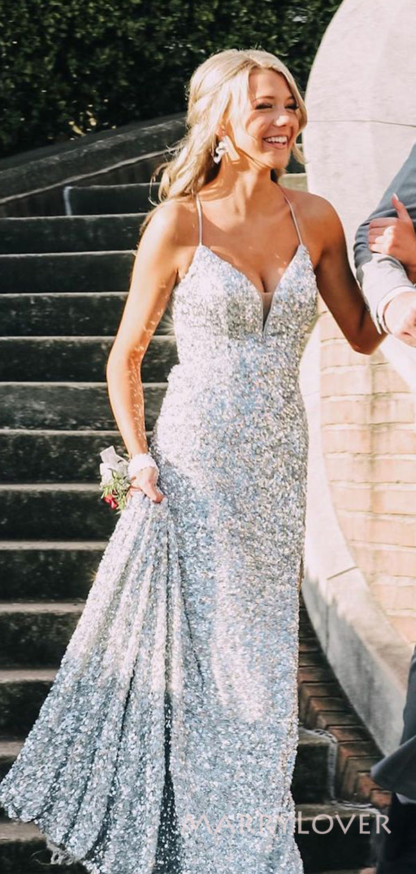 Formal Silver Sequins V-neck Spaghetti Straps Long Evening Prom Dresse MarryLover Formal Silver Sequins V-neck Spaghetti Straps Long Evening Prom Dresse MarryLover