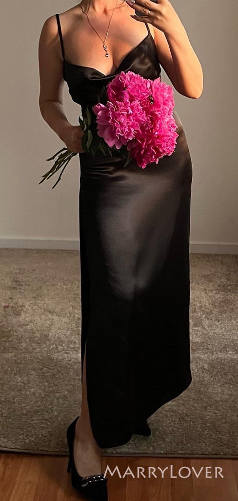 Simple Black Satin Spaghetti Straps High Slit Long Evening Prom Dresses, Custom Prom Dress, BGS0203