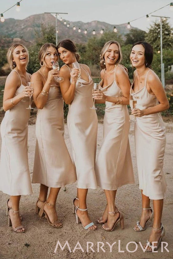Spaghetti Straps Cowl Neck Tea-Length Champagne Long Bridesmaid Dresse MarryLover Spaghetti Straps Cowl Neck Tea-Length Champagne Long Bridesmaid Dresse MarryLover