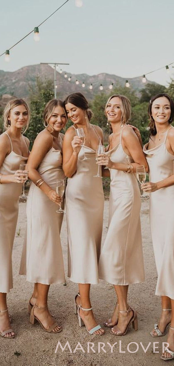 Spaghetti Straps Cowl Neck Tea-Length Champagne Long Bridesmaid Dresse MarryLover Spaghetti Straps Cowl Neck Tea-Length Champagne Long Bridesmaid Dresse MarryLover