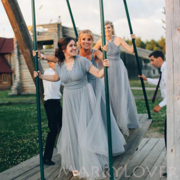 Grey Bridesmaid dress with tulle skirt Long convertible Bridesmaid Dre – MarryLover