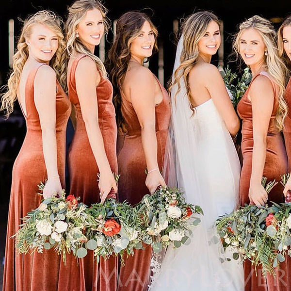 V-neck Floor Length Copper Velvet Long Bridesmaid Dresses, BN1011 – MarryLover
