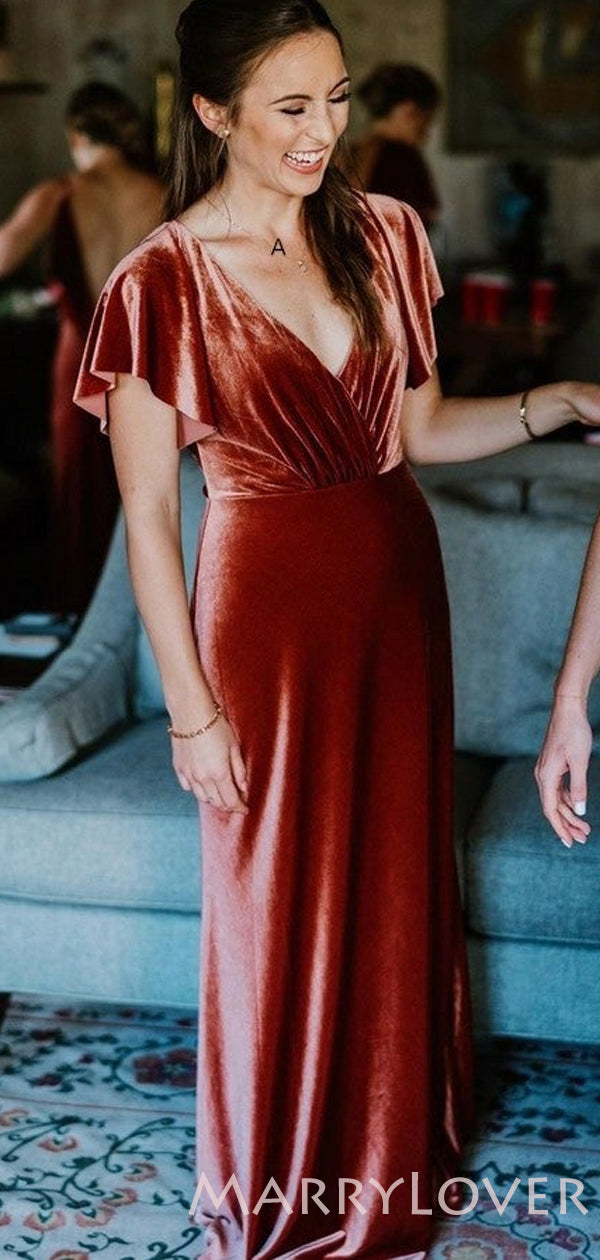 V-neck Floor Length Copper Velvet Long Bridesmaid Dresses, BN1011 – MarryLover V-neck Floor Length Copper Velvet Long Bridesmaid Dresses, BN1011 – MarryLover