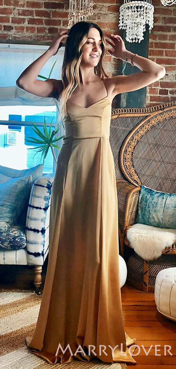 A-line Spaghetti Strap Gold Chiffon Long Bridesmaid Dresses, BN1012 MarryLover A-line Spaghetti Strap Gold Chiffon Long Bridesmaid Dresses, BN1012 MarryLover